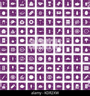 100 nutrition icons set grunge purple Stock Vector