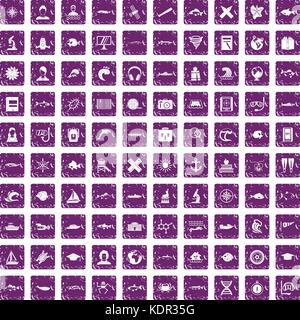 100 oceanologist icons set grunge purple Stock Vector