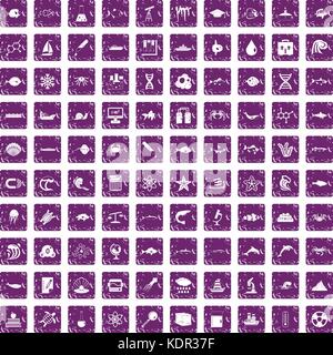 100 oceanology icons set grunge purple Stock Vector