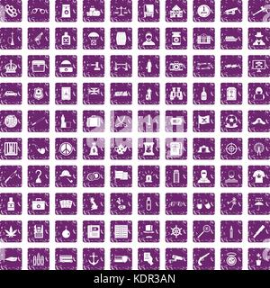100 offence icons set grunge purple Stock Vector
