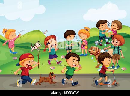 Many kids playing in the field illustration Stock Vector