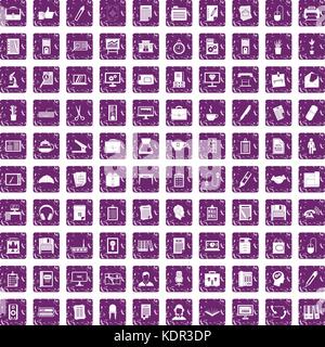 100 office icons set grunge purple Stock Vector