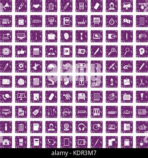 100 office work icons set grunge purple Stock Vector