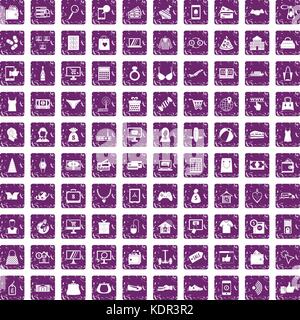 100 online shopping icons set grunge purple Stock Vector