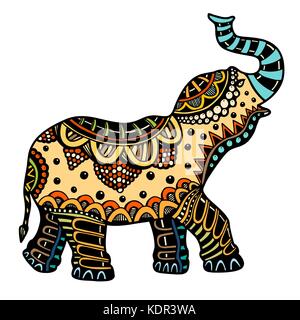 vector hand-drawn color tattoo doodle with decorated Indian Elephant Stock Vector