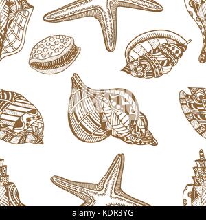 Sea shells. Brown and white seamless pattern for coloring book Stock Vector
