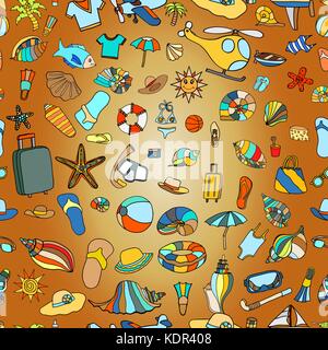 Hand drawn summer time theme pattern. Beach theme background with summer elements. Vector illustration. Stock Vector