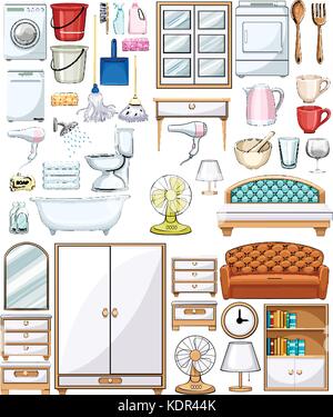 Different household equipments and furnitures illustration Stock Vector