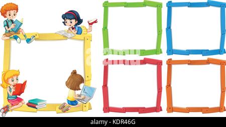 Frame template with happpy children reading books illustration Stock Vector