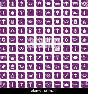 100 barbecue icons set grunge purple Stock Vector