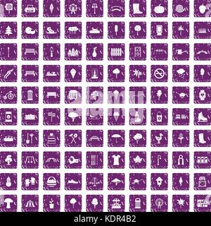 100 park icons set grunge purple Stock Vector