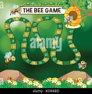 Game template with bees flying in garden illustration Stock Vector