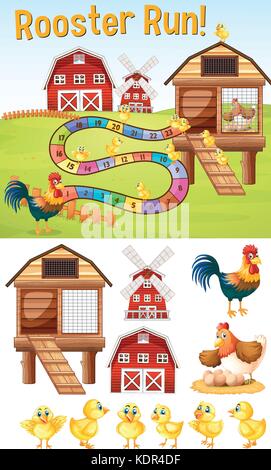 Boardgame template with chickens on farmyard illustration Stock Vector