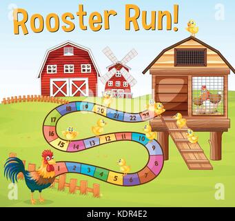 Boardgame template with chickens in farm illustration Stock Vector