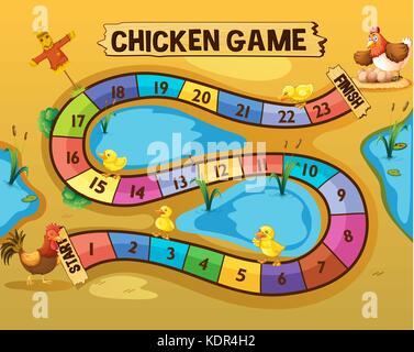 Boardgame template with chickens by the pond illustration Stock Vector