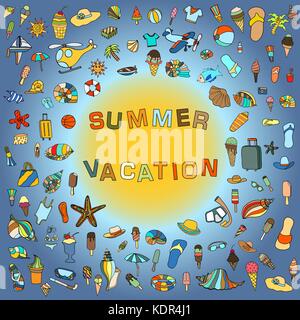 Colorful vector hand drawn Doodle cartoon set of objects and symbols for summer holidays. Vector illustration for web, mobile and print Stock Vector