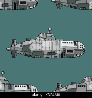 Seamless pattern of Colored old Submarine. Vector Illustration Art Stock Vector