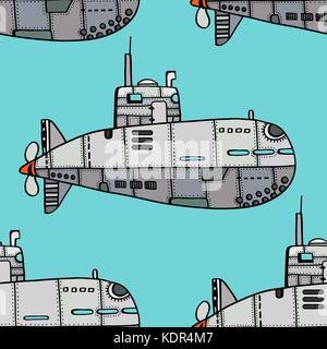 Seamless pattern of Colored old Submarine. Vector Illustration Art Stock Vector