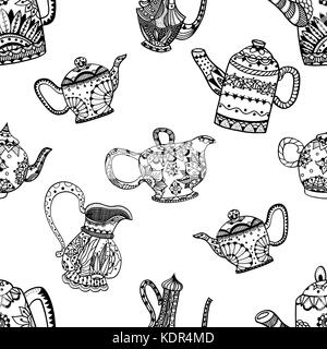 Seamless pattern of Teapots and jugs. Vector illustration. Hand drawn art made of flowers and Leaves. Stock Vector