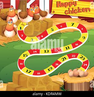Boardgame template with chicken in the farm illustration Stock Vector