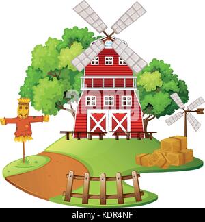 Farm scene with windmill and scarecrow illustration Stock Vector