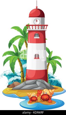 Lighthouse and hermit crabs on beach illustration Stock Vector
