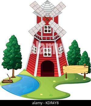 Scene with red windmill on the farm illustration Stock Vector