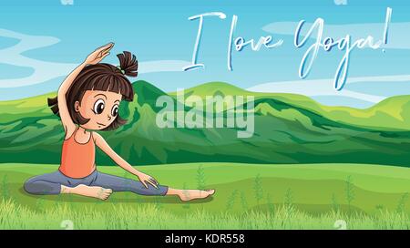 Girl doing yoga in park with phrase l love yoga illustration Stock Vector