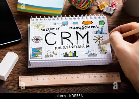 Person Hand Drawing Customer Relationship Concept On Spiral Notebook At Wooden Desk Stock Photo
