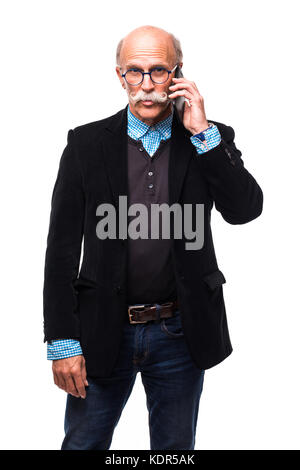 Closeup portrait upset, sad, depressed, worried senior man, old employee, father, worker talking on phone, isolated white background. Human face expre Stock Photo