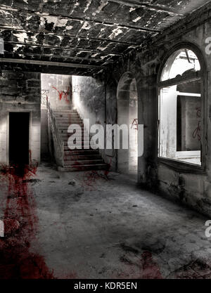 Bloody drag marks across hallway ending up in dark and mysterious room Stock Photo