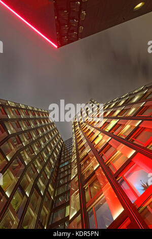 Illumined Office high-rise Tanzende Türme, Reeperbahn, St. Pauli, Hamburg, Germany Stock Photo