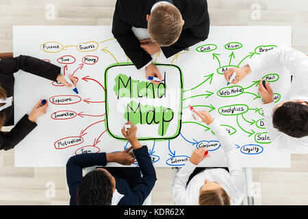 High Angle View Of Businesspeople Drawing The Flowchart Of Mind Map Concept On Office Desk In Office Stock Photo