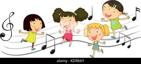 Happy children dancing with music notes in background illustration Stock Vector