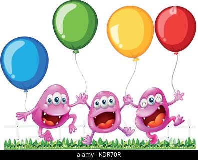 Three monsters playing with balloons illustration Stock Vector