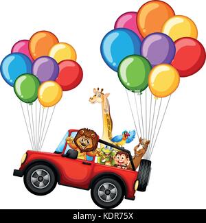 Many animals on jeep with colorful balloons illustration Stock Vector