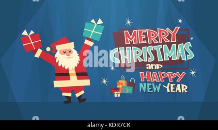 Merry Christmas And Happy New Year Greeting Card Santa With Present Box Winter Holidays Concept Banner Stock Vector