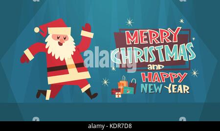Merry Christmas And Happy New Year Greeting Card Santa With Present Box Winter Holidays Concept Banner Stock Vector