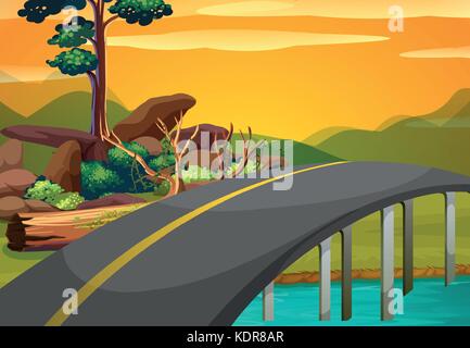 Scene with bridge across the river at sunset illustration Stock Vector