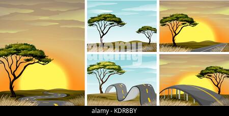 Road scenes in savanna field at sunset illustration Stock Vector