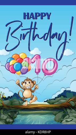 Birthday card with monkey and balloon number ten illustration Stock Vector