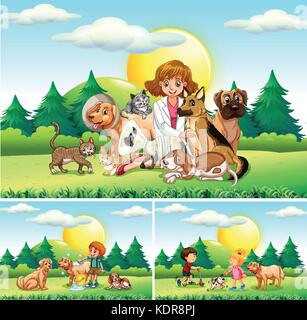 Vet and many animals in the park illustration Stock Vector