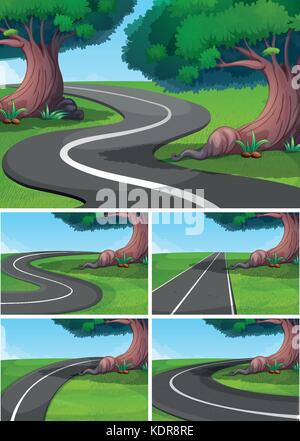 Five scenes of road in the park illustration Stock Vector