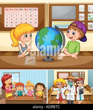 Children learning in classroom with teacher illustration Stock Vector