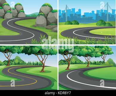 Empty roads through park and city illustration Stock Vector