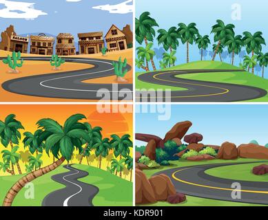 Four scenes with empty roads illustration Stock Vector