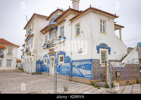 The Aveiro Railway station is Historic building ornamented with many typical blue Azulejos panels of Factory Fabrica da Fonte Nova displaying regional Stock Photo