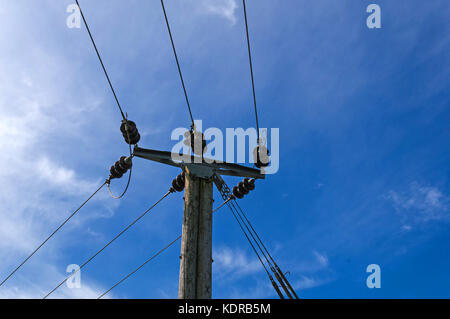 Wooden Power Electricity Pole Pylon, High Voltage, Blue Sky Background Stock Photo