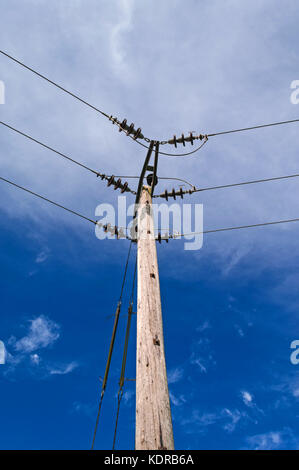 Wooden Power Electricity Pole Pylon, High Voltage, Blue Sky Background Stock Photo