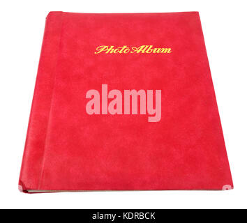 Red cover family PHOTO ALBUM with gold lettering. Isolated. Stock Photo